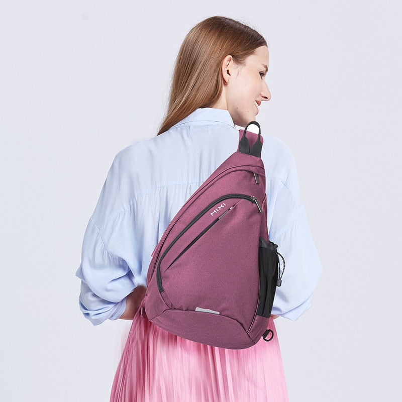 Mochila feminina Mixi bolsa de ombro única 17 19 polegadas com porta de carregamento USB à prova d'água roxo