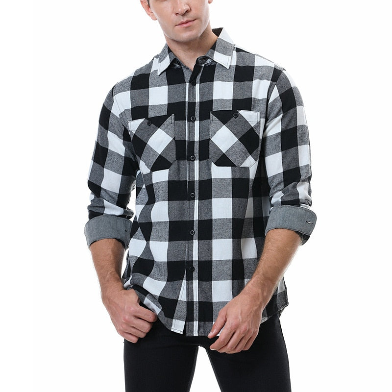 Camisas casuais de flanela xadrez masculinas Camisa de botão com dois bolsos manga longa Camisas de ajuste regular Outono