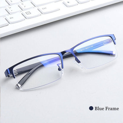 Óculos masculinos de meia armação para miopia, óculos masculinos anti-luz azul para miopia, óculos masculinos de grau óptico para computador