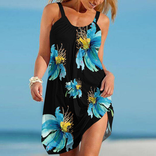 Vestido Midi Floral Moda Feminina Vestidos de Praia com Alça Boêmia Preto Sem Mangas Boho Vestido Sexy Bainha Roupa de Praia Vestido de Verão