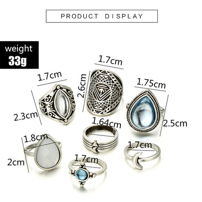 DIEZI Vintage Bohemia Ring Set light Blue Water Drop Midi Joint Rings Women Boho Jewelry Gypsy Knuckle Silver Color Ring