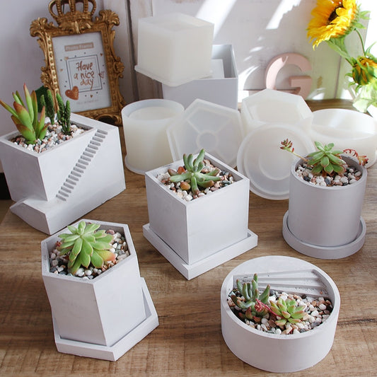 Molde de silicone concreto para vasos de flores hexagonais para plantas suculentas, caneta redonda, recipiente, gesso, molde de gesso, moldes de argila de cimento