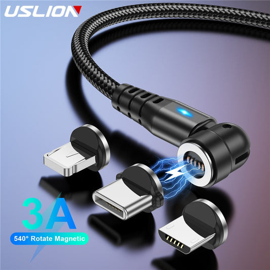 USLION 540 Rotate Magnetic Cable 3A Magnetic Fast Charging Micro USB Type C Cable For iPhone Xiaomi Data USB Cord For iPhone 14